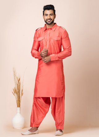 Plain Work Viscose Kurta Pyjama In Pink for Casual