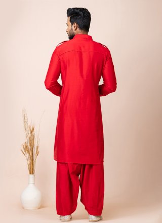 Plain Work Viscose Kurta Pyjama In Red for Casual