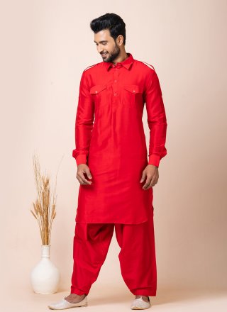 Plain Work Viscose Kurta Pyjama In Red for Casual