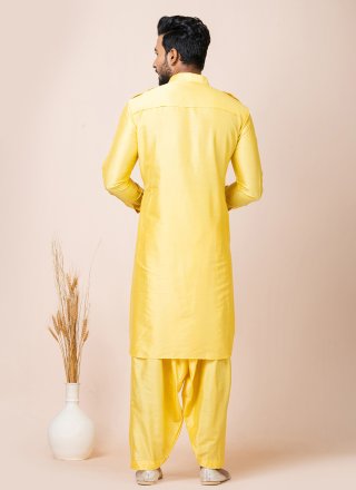 Plain Work Viscose Kurta Pyjama In Yellow