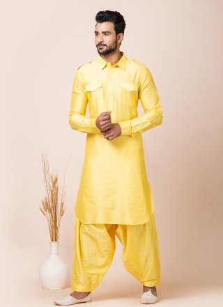 Plain Work Viscose Kurta Pyjama In Yellow