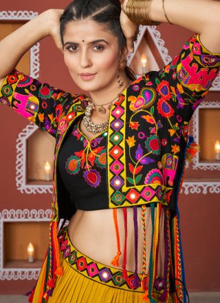 Plain Work Viscose Readymade Lehenga Choli In Black and Mustard