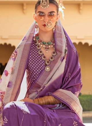 Pleasance Purple Silk Traditional Saree with Foil Print Work