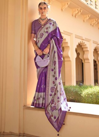Pleasance Purple Silk Traditional Saree with Foil Print Work