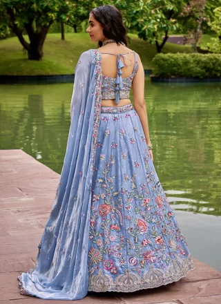 Praiseworthy Blue Organza Lehenga Choli with Embroidered and Sequins Work