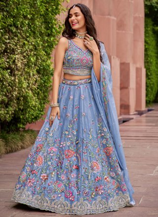 Praiseworthy Blue Organza Lehenga Choli with Embroidered and Sequins Work