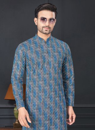 Praiseworthy Blue Rayon Kurta Pyjama with Digital Print and Lucknowi Work Work
