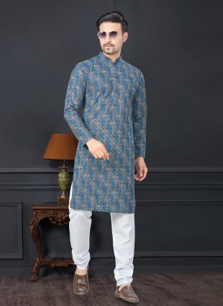 Praiseworthy Blue Rayon Kurta Pyjama with Digital Print and Lucknowi Work Work