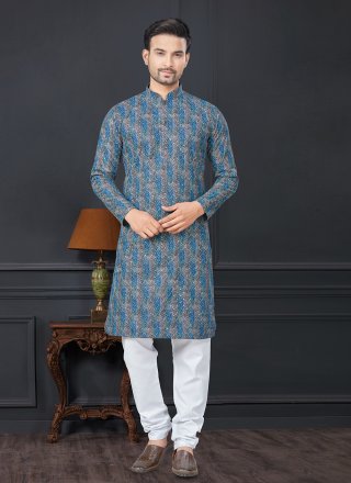 Praiseworthy Blue Rayon Kurta Pyjama with Digital Print and Lucknowi Work Work