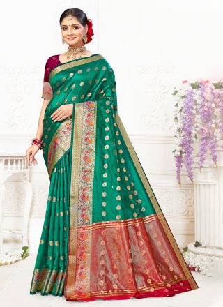 Praiseworthy Green Cotton Casual Sari