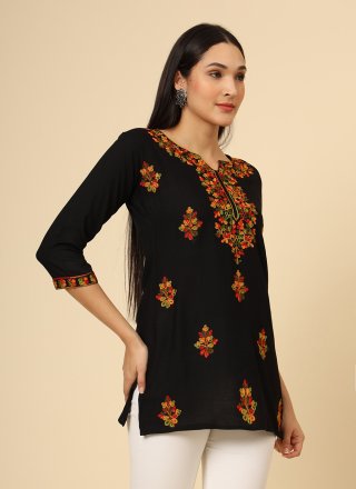 Precious Black Rayon Casual Kurti with Chikankari, Embroidered and Thread Work