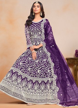 Preferable Purple Net Floor Length Salwar Suit with Embroidered Work