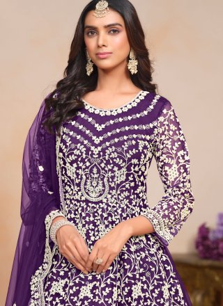 Preferable Purple Net Floor Length Salwar Suit with Embroidered Work