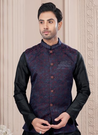 Prepossessing Black and Blue Dupion Silk Kurta Payjama with Jacket