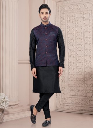 Prepossessing Black and Blue Dupion Silk Kurta Payjama with Jacket