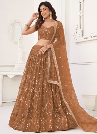 Prepossessing Brown Net Lehenga Choli with Embroidered, Mirror, Sequins and Thread Work