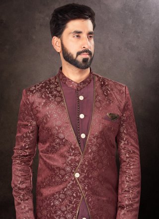 Prepossessing Maroon Jacquard Indo Western with Jacquard and Thread Work