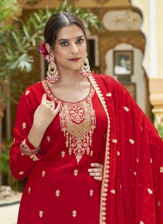 Prepossessing Red Silk Palazzo Salwar Suit with Embroidered, Thread and Zari Work