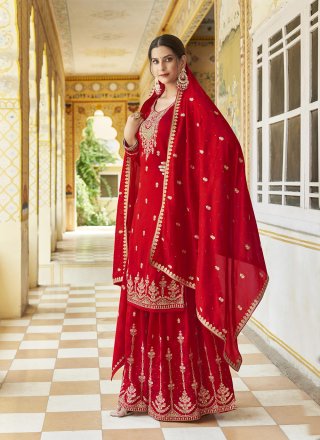 Chanderi Silk Party Wear Salwar Suit In Red With Handwork Work