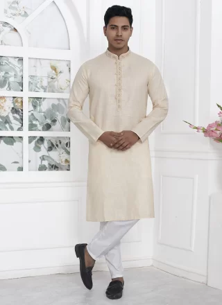Pretty Beige Cotton Kurta Pyjama with Fancy and Plain Work