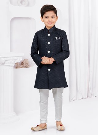 Pretty Blue Jacquard Sherwani Kids Wear with Buttons and Thread Work