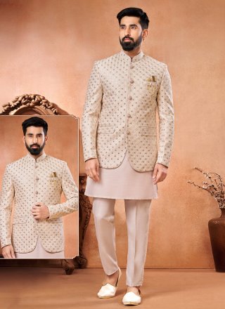 Poshrobe Beige Jodhpuri Suit In Zarkan Work Using Imported Synthetic Fabric