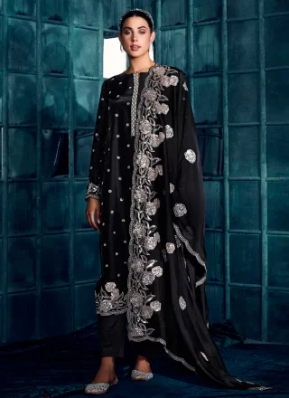 Sequins Embroidered Black Georgette Pant Style Suit