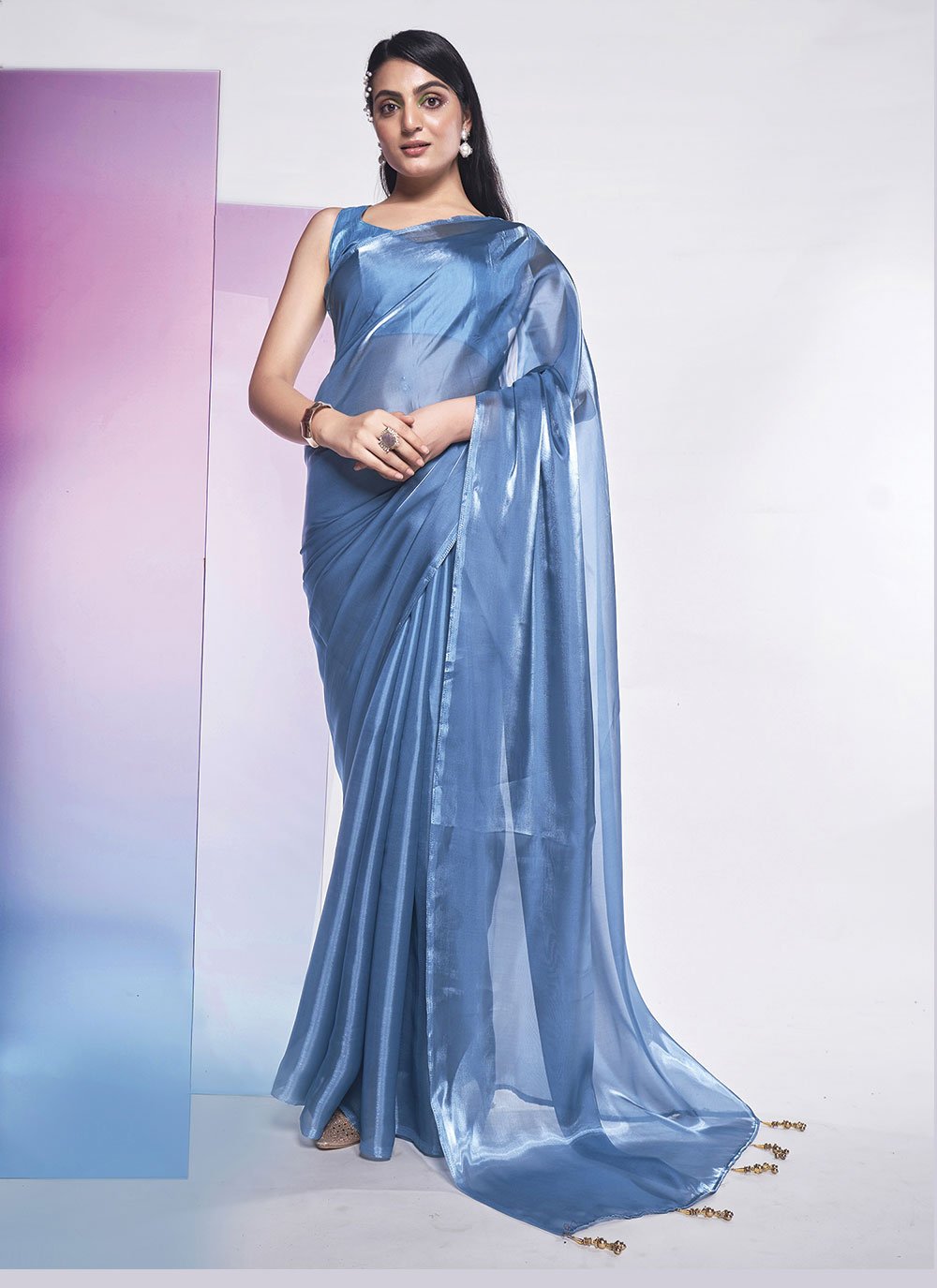 Party Wear Saree Navy Blue - Designer Saree with Blouse Piece