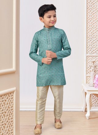 Princely Firozi Jacquard Kurta Pyjama with Digital Print and Embroidered Work