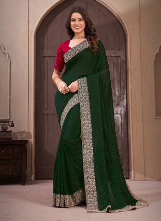 Princely Green Vichitra Silk Designer Saree with Patch Border and Embroidered Work