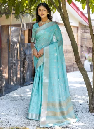 Princely Turquoise Cotton Classic Sari with Woven Work