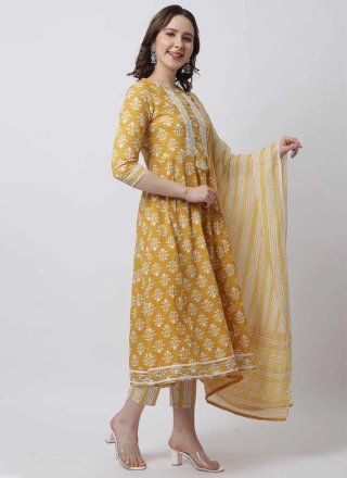 Print and Sequins Work Cotton Salwar Suit In Mustard