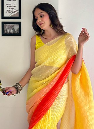 Print and Sequins Work Georgette Contemporary Saree In Multi Colour for Ceremonial