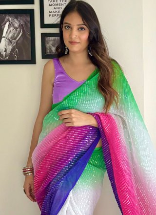 Print and Sequins Work Georgette Trendy Saree In Multi Colour