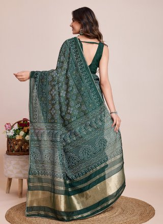 Print and Weaving Work Cotton Silk Trendy Saree In Green