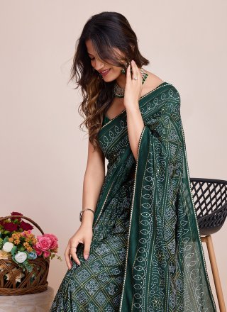 Print and Weaving Work Cotton Silk Trendy Saree In Green