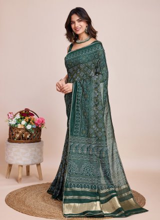 Print and Weaving Work Cotton Silk Trendy Saree In Green