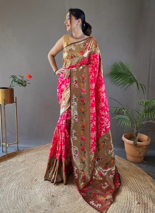 Print and Weaving Work Silk Traditional Saree In Pink
