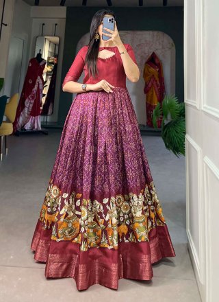 Print and Weaving Work Tussar Silk Gown In Maroon for Ceremonial
