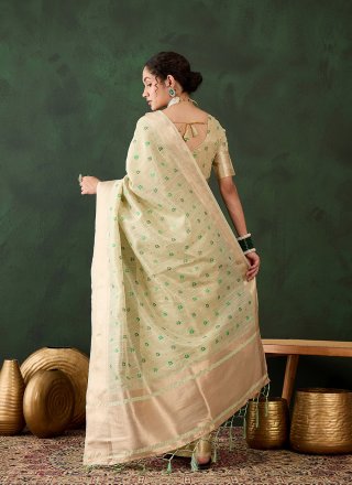 Print and Woven Work Contemporary Saree In Green for Casual