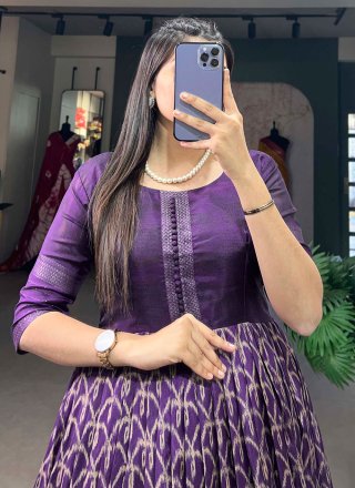 Print and Zari Work Silk  Designer Gown In Purple