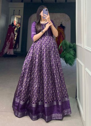 Print and Zari Work Silk  Designer Gown In Purple