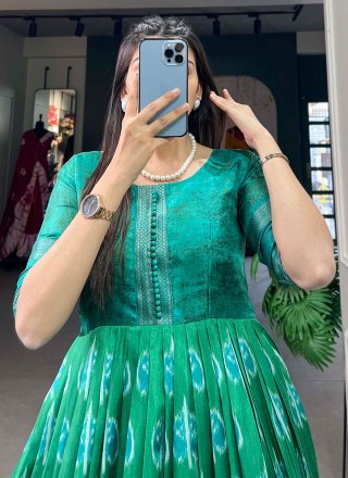 Print and Zari Work Silk Gown In Green