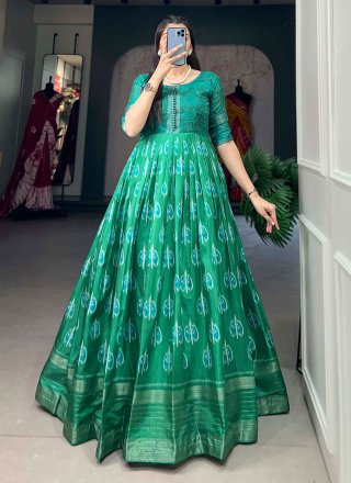 Print and Zari Work Silk Gown In Green