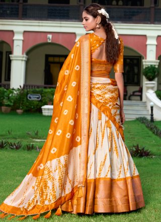 Print, Weaving and Zari Work Silk Lehenga Choli In Orange and White for Ceremonial