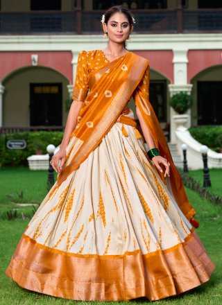 Print, Weaving and Zari Work Silk Lehenga Choli In Orange and White for Ceremonial
