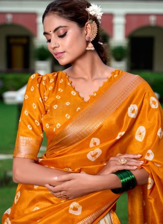 Print, Weaving and Zari Work Silk Lehenga Choli In Orange and White for Ceremonial