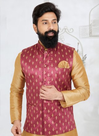 Print Work Banarasi Silk Nehru Jackets In Pink