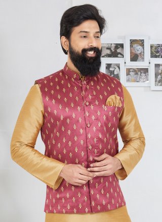 Print Work Banarasi Silk Nehru Jackets In Pink