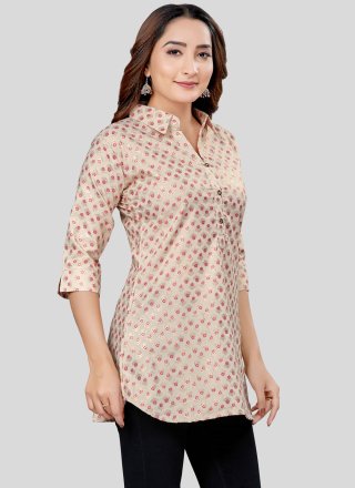 Print Work Blended Cotton Casual Kurti In Cream